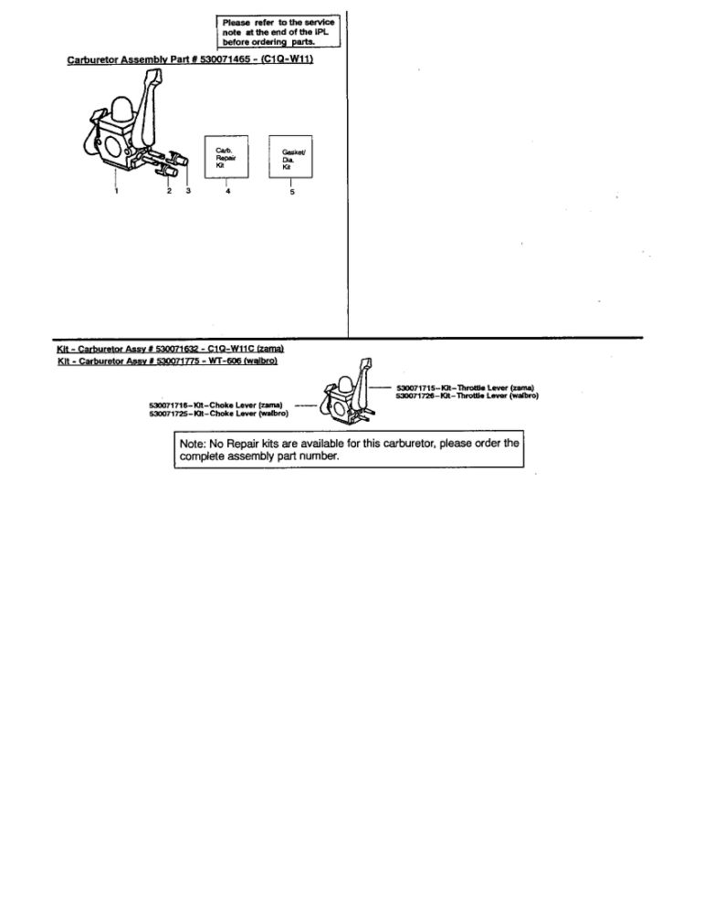Carburetor Diagram and Parts List for BV2000 Type 2 Weed Eater Leaf Blower / Vacuum